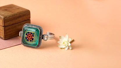 Sangeeta Boochra Green Stone Mosaic Silver Bracelet