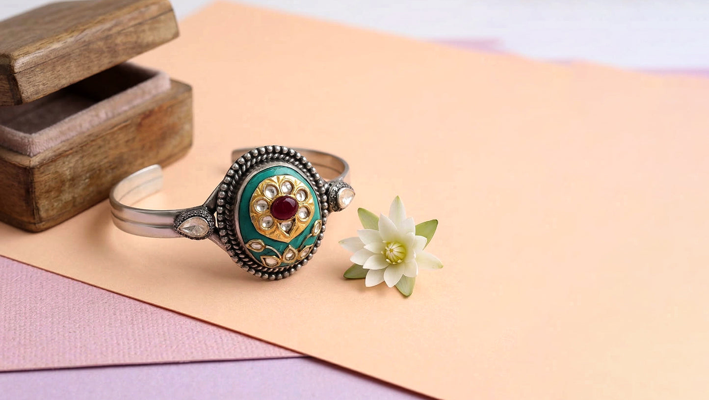 Sangeeta Boochra Turquoise Floral Motif Silver Bracelet