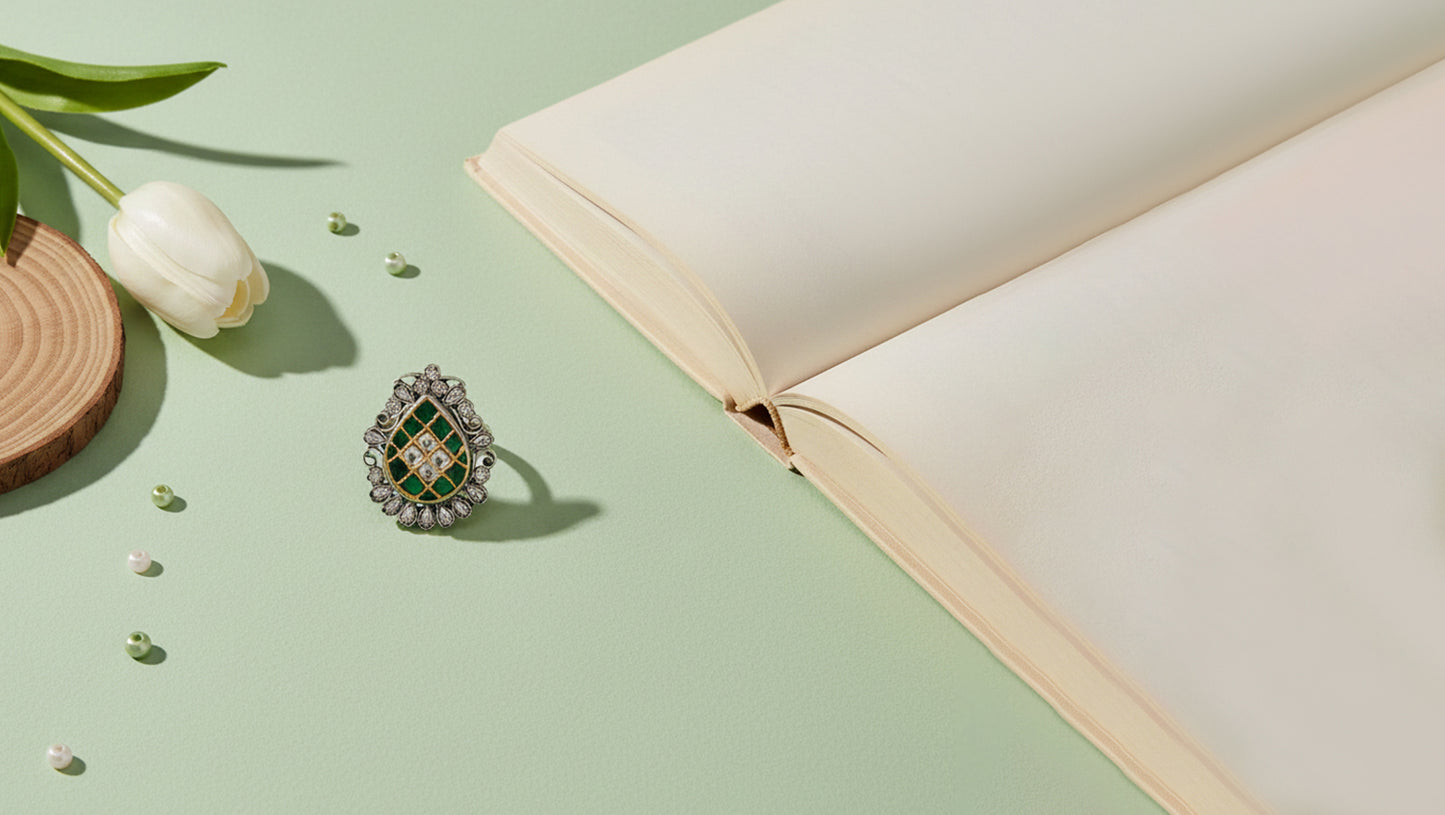 Handcrafted Green & White Kundan Silver Ring by Sangeeta Boochra