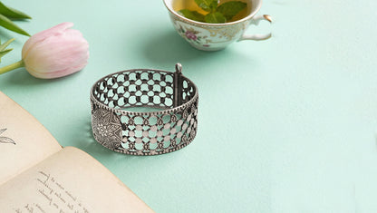 Sangeeta Boochra Traditional Openwork Oxidised Silver Statement Bangle