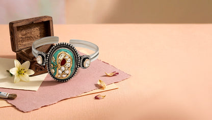 Sangeeta Boochra Silver Statement Bracelet with Turquoise-Tone Stone & Kundan Detailing