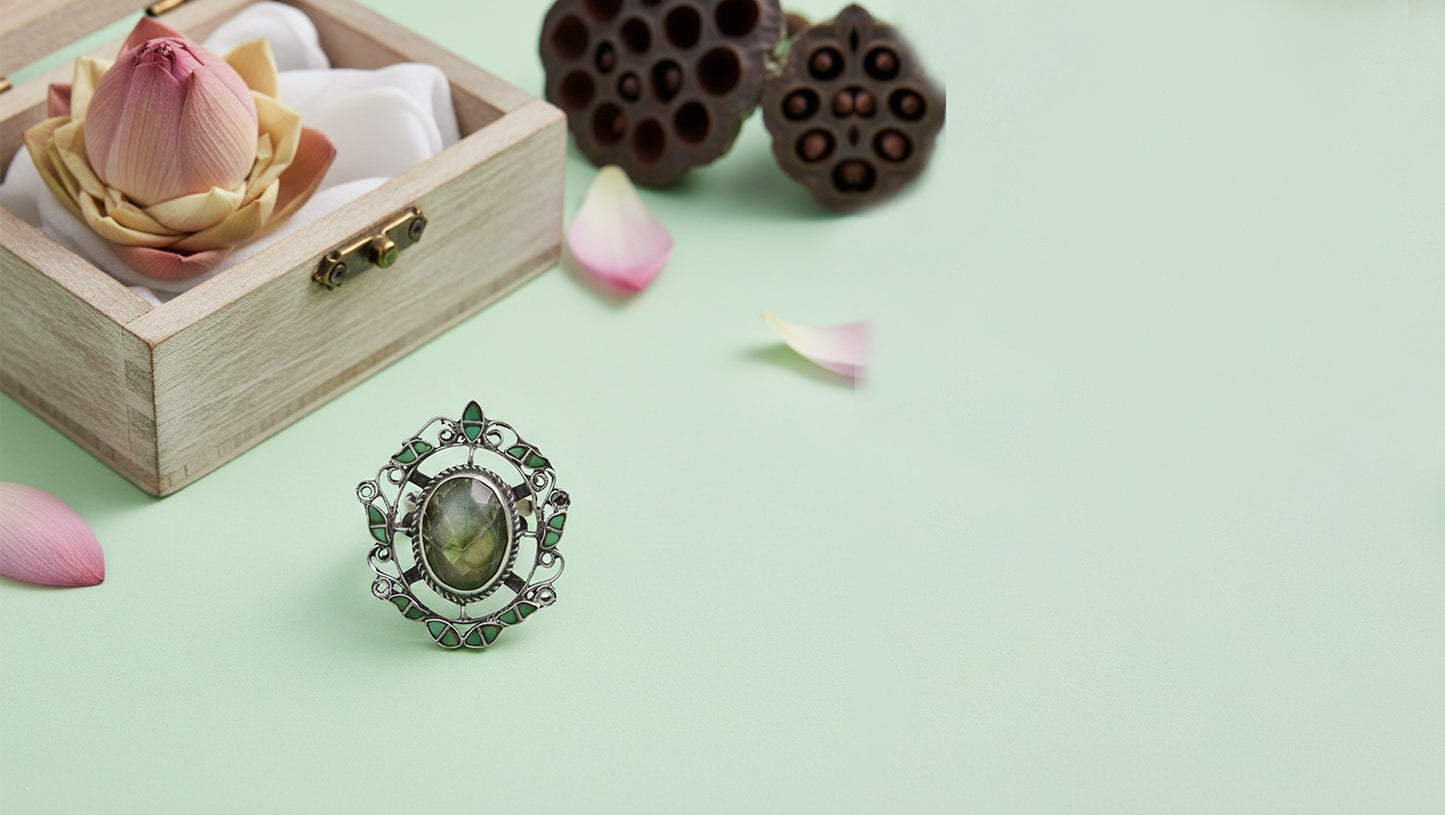 Sangeeta Boochra Mystic Labradorite & Green Stone Silver Ring