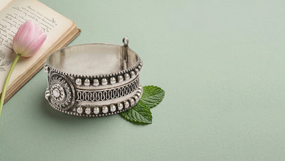 Statement Tribal Oxidised Silver Bangle by Sangeeta Boochra