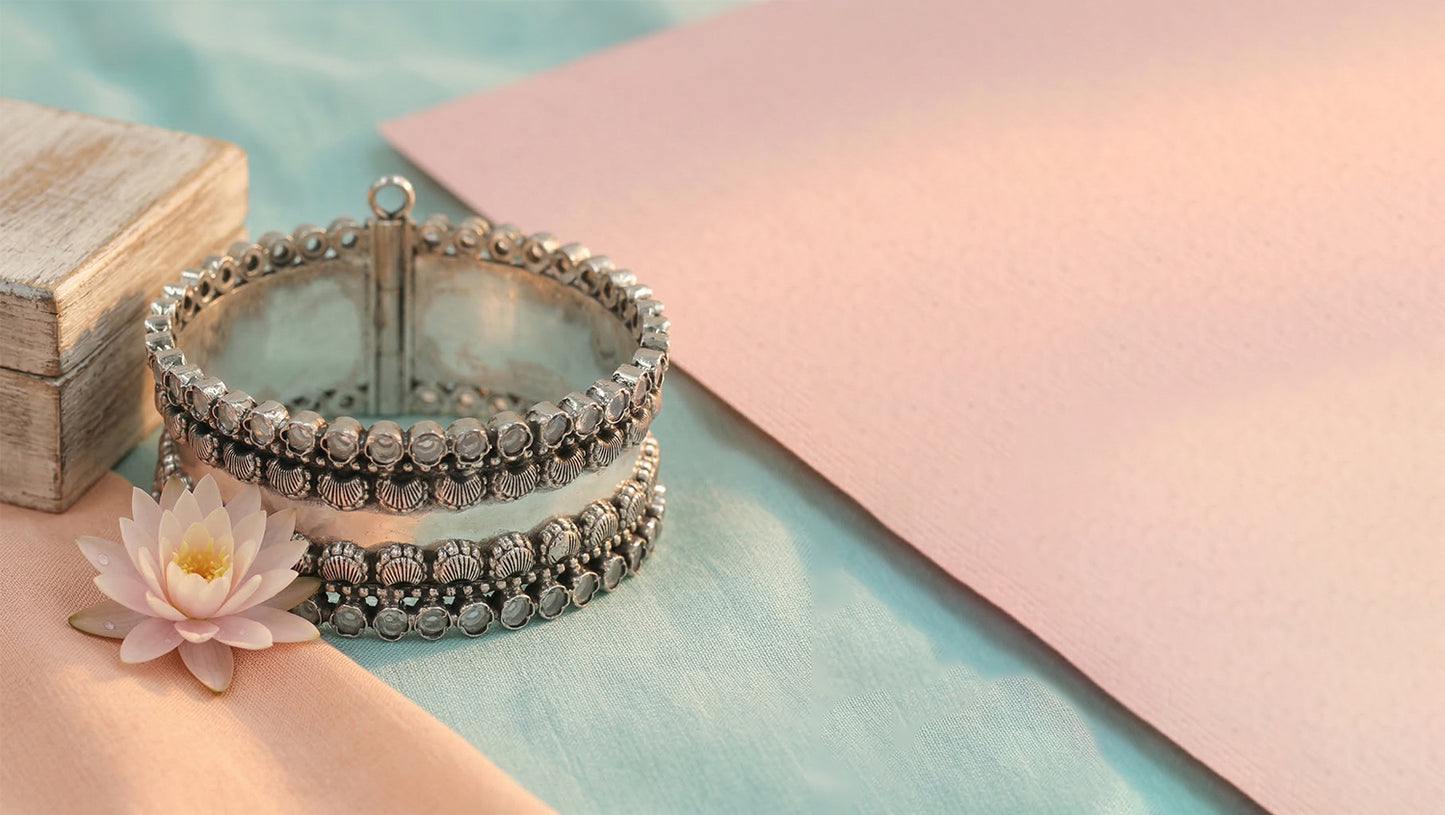 Sangeeta Boochra Royal Heritage Silver Bangle with Intricate Detailing
