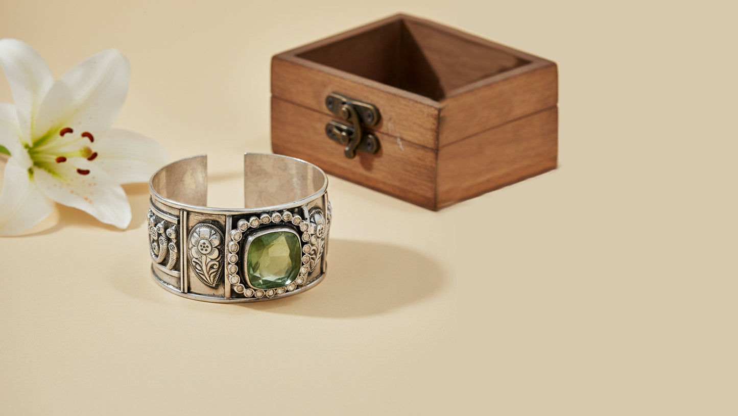 Sangeeta Boochra Green Stone Oxidised Silver Statement Cuff