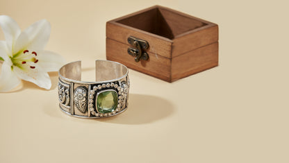 Sangeeta Boochra Green Stone Oxidised Silver Statement Cuff