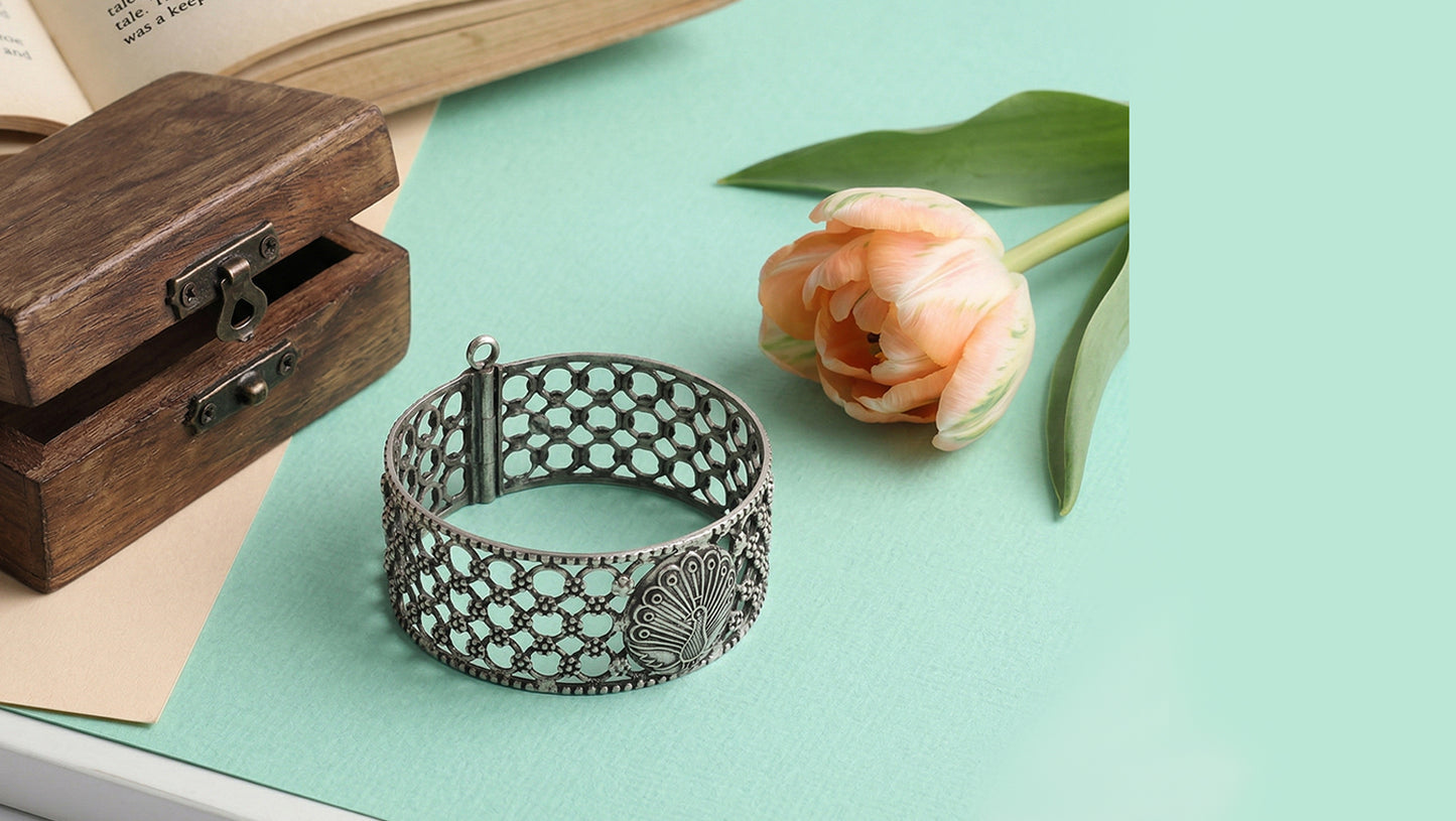 Sangeeta Boochra Peacock Motif Oxidised Silver Bangle