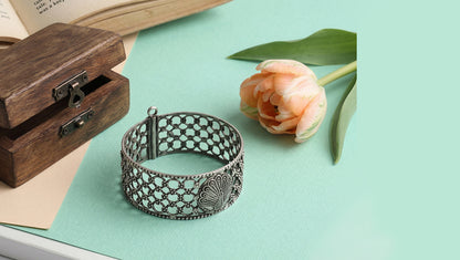 Sangeeta Boochra Peacock Motif Oxidised Silver Bangle