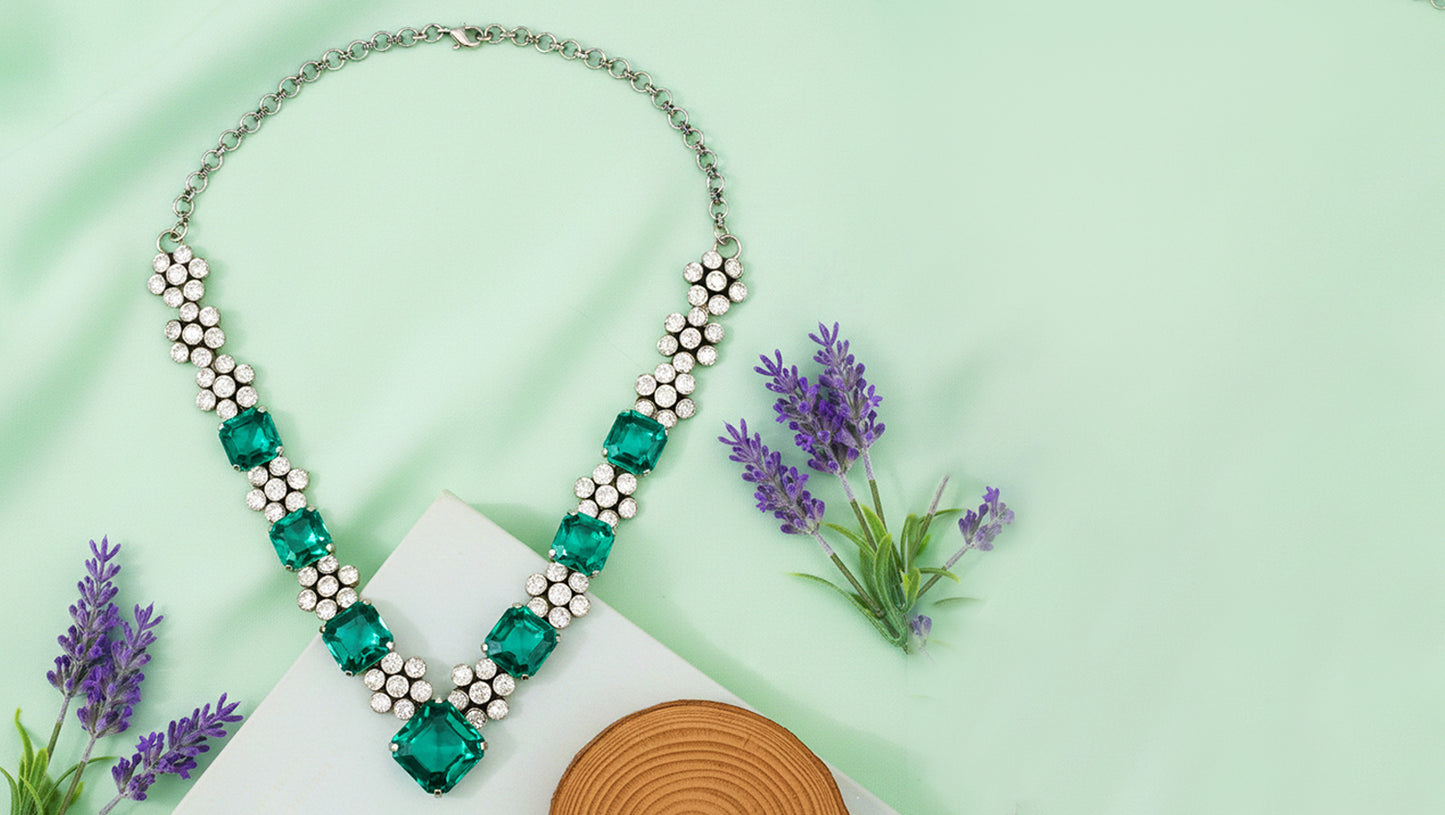 Sangeeta Boochra Sterling Silver Necklace & Earring Set with Emerald Green Stones