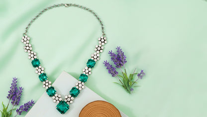 Sangeeta Boochra Sterling Silver Necklace & Earring Set with Emerald Green Stones