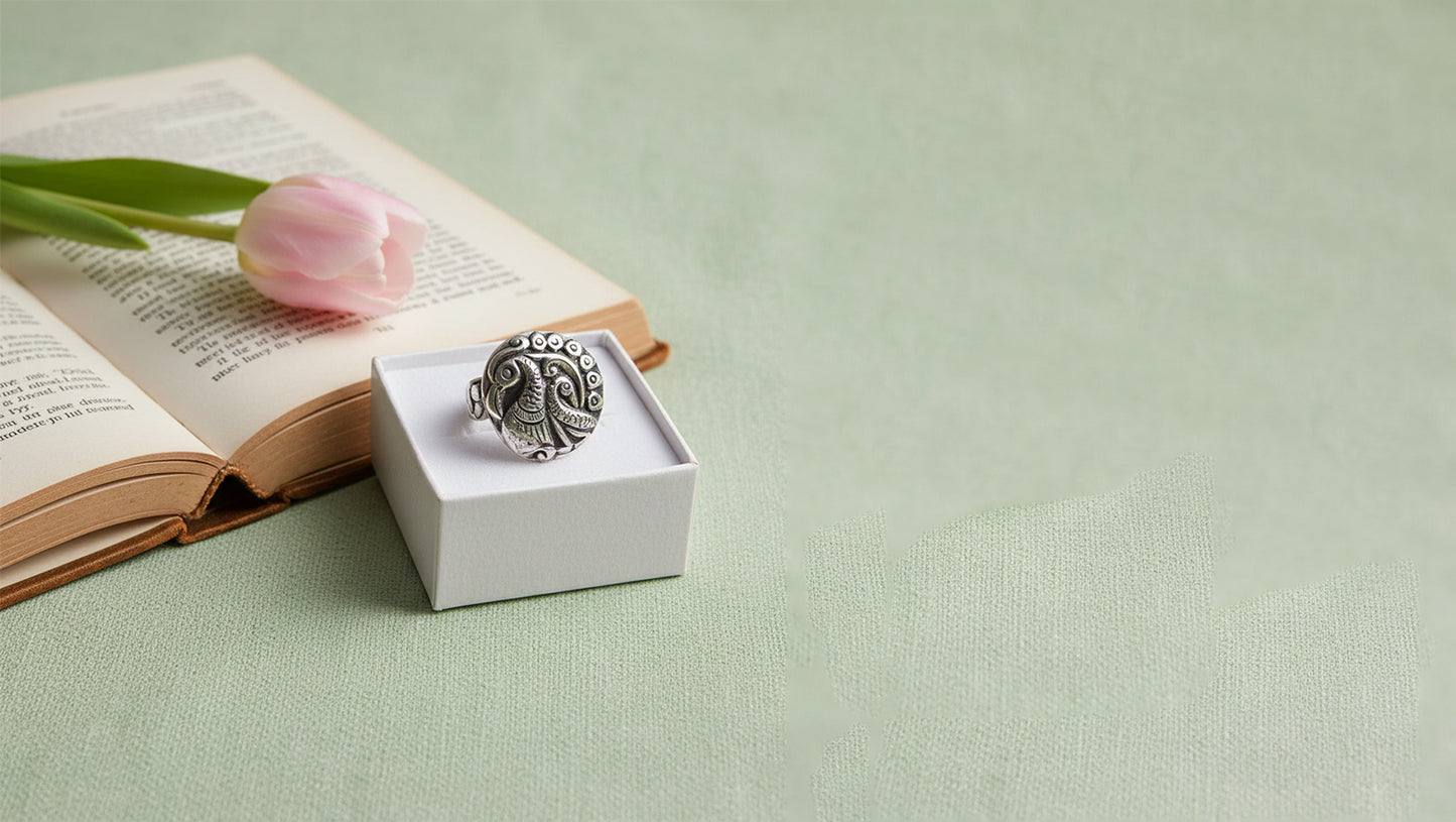 Sangeeta Boochra Oxidised Silver Peacock Statement Ring