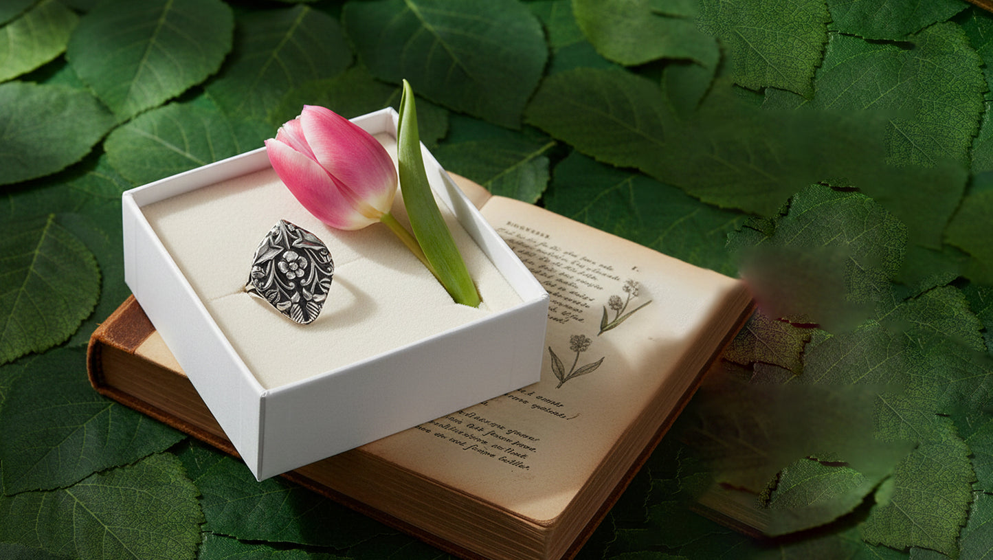 Artisan Floral Motif Oxidised Silver Ring