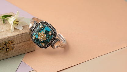 Sangeeta Boochra Silver Statement Bracelet with Turquoise Stone & Floral Motif