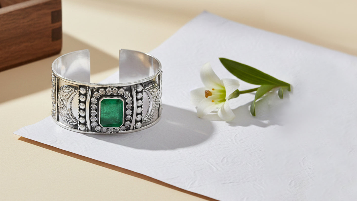 Sangeeta Boochra Classic Silver Hand Cuff with Green Center Stone