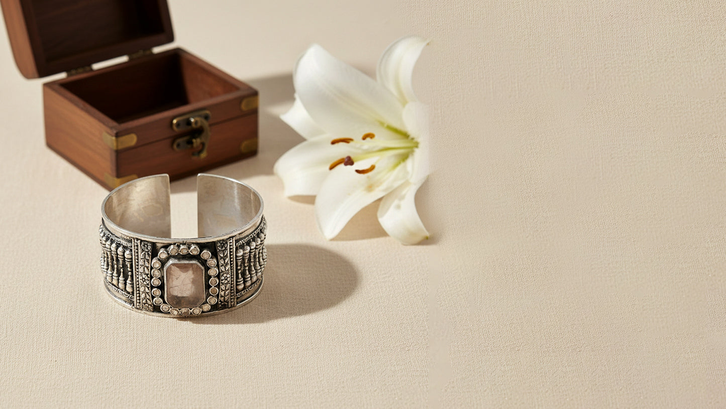 Sangeeta Boochra Vintage Oxidised Silver Hand Cuff with Stone Detailing
