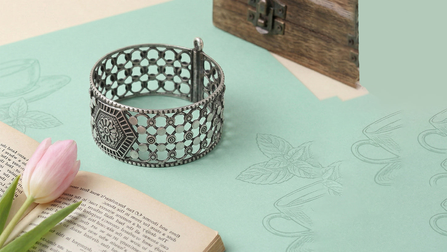 Sangeeta Boochra Oxidised Silver Hexagon Floral Statement Bangle