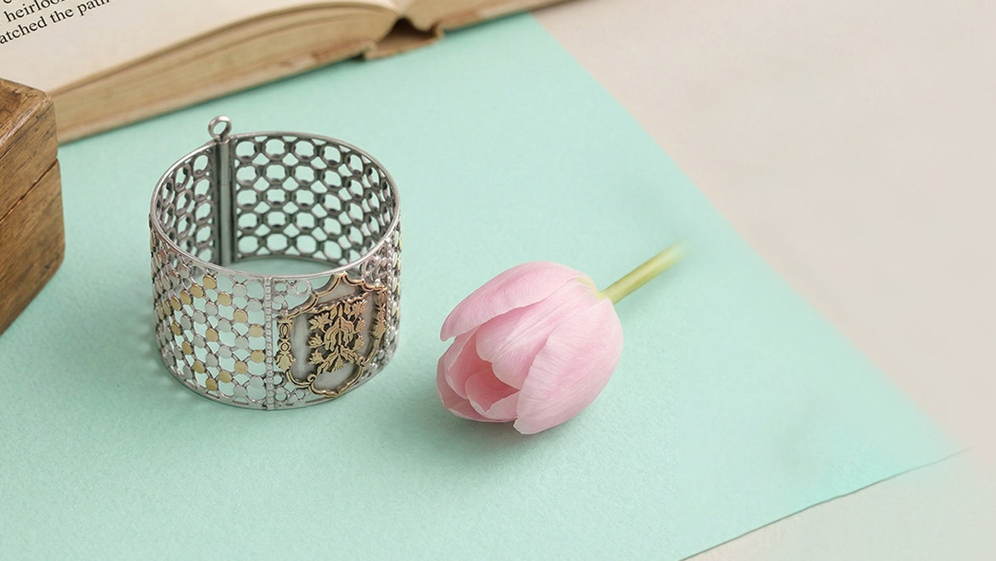 Handcrafted Dual-Tone Silver Bangle with Heritage Crest | Sangeeta Boochra