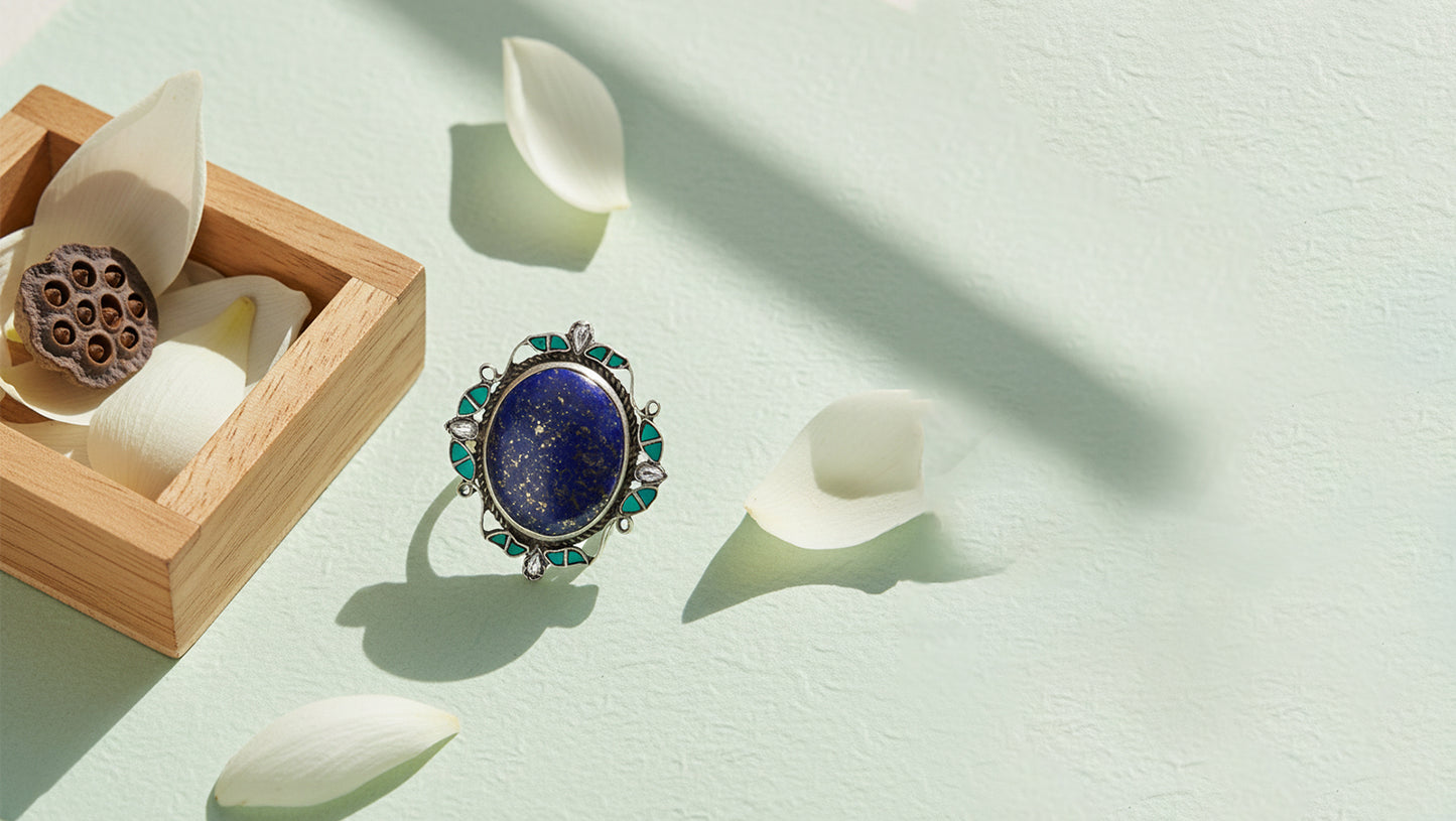 Sangeeta Boochra Handcrafted Silver Ring with Oval Blue Stone