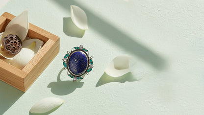 Sangeeta Boochra Handcrafted Silver Ring with Oval Blue Stone