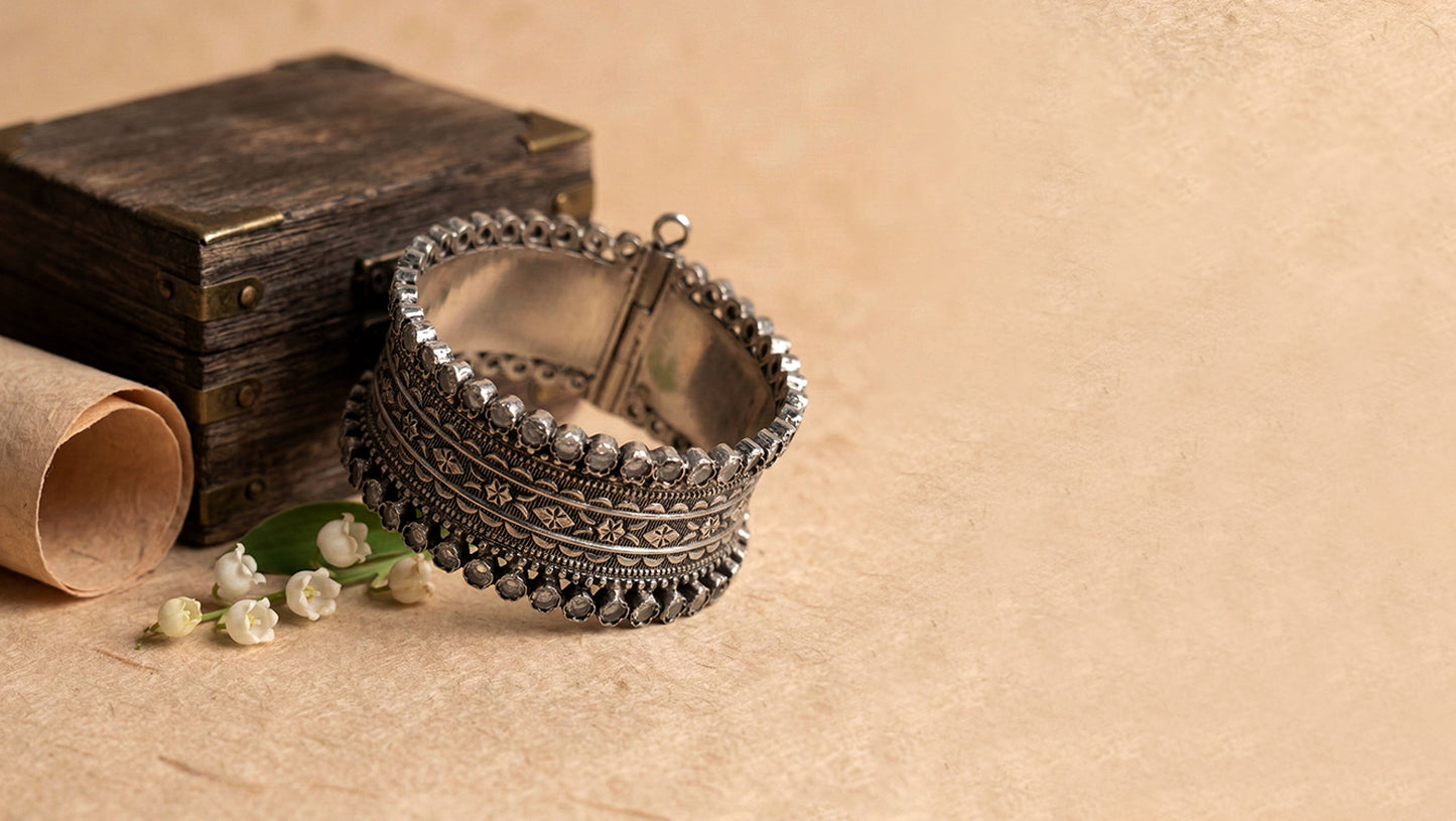 Sangeeta Boochra Handcrafted Oxidised Silver Floral Engraved Hinged Bangle