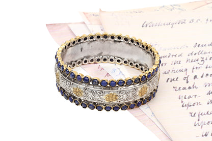 Silver Handcrafted Bracelet with Lapis Lazuli Gemstone and Floral Hand Work