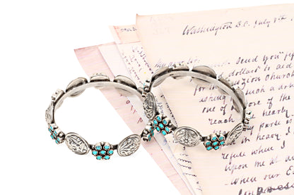 Silver Handcrafted Bracelet with Turquiose Gemstone and Floral Hand Work