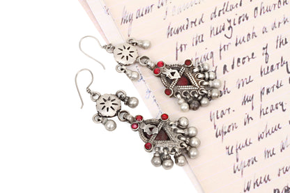 Silver Handcrafted Red Tribal Silver Earrings