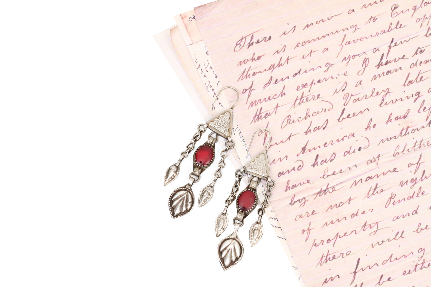Silver Handcrafted Red Tribal Silver Earrings