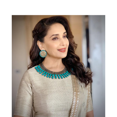 Madhuri Dixit in Turquoise Blue Silver Necklace and Round Earrings