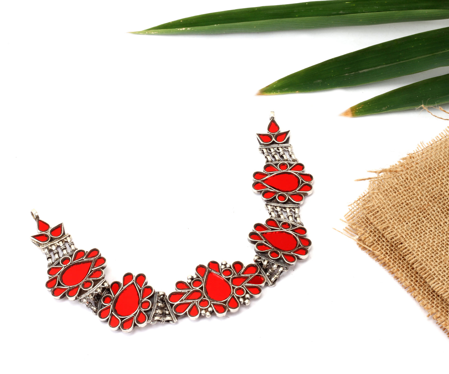 Sangeeta Boochra Red Tribal Silver Necklace