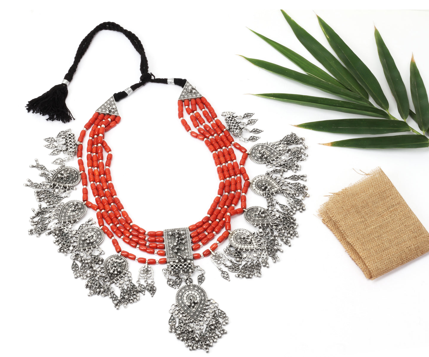 Sangeeta Boochra Orange Tribal Silver Necklace