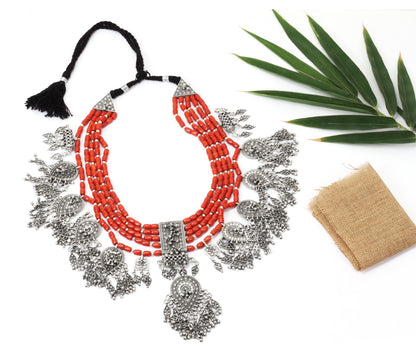Sangeeta Boochra Orange Tribal Silver Necklace