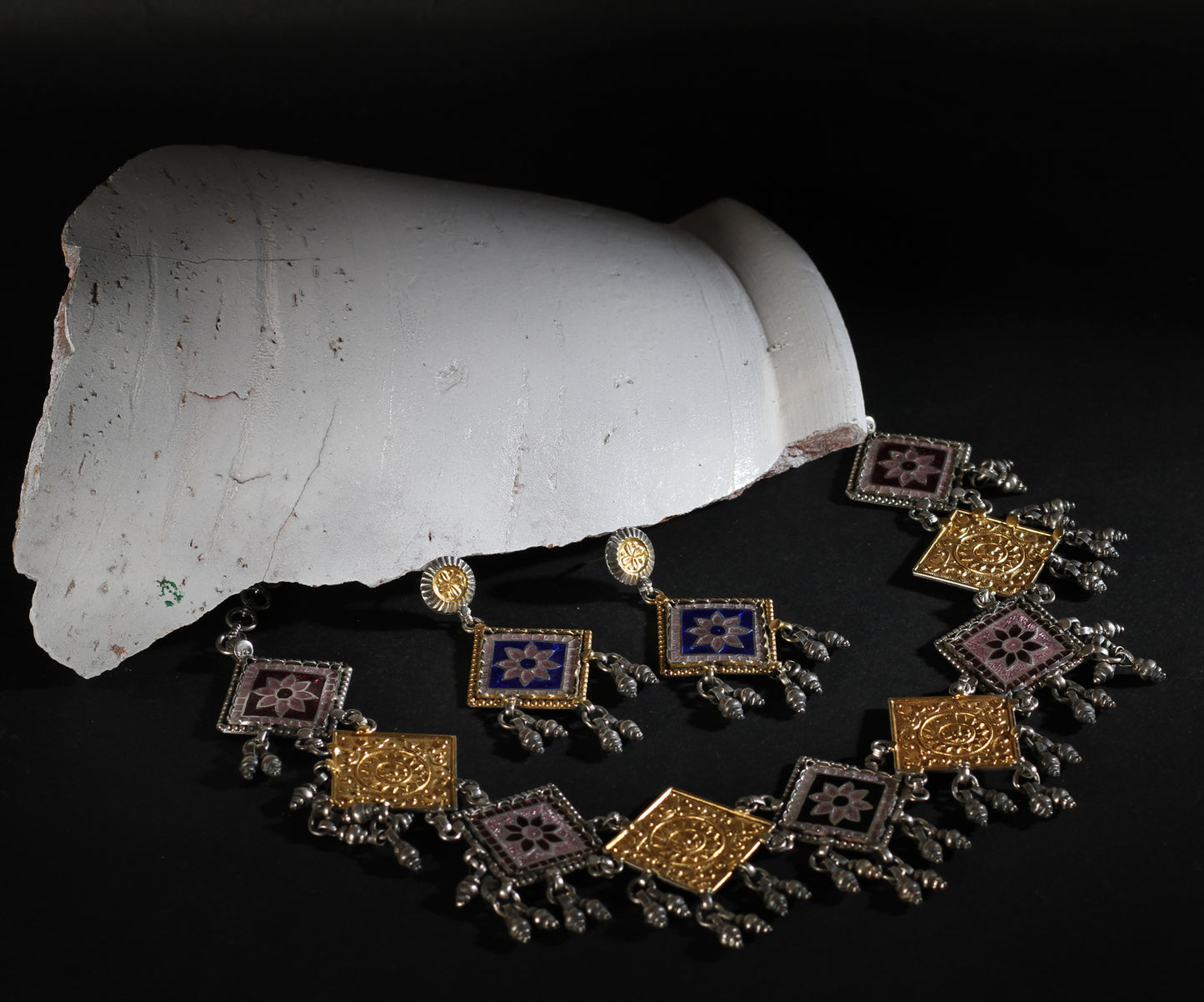 24k Gold Plated Aaftaab Silver Necklace with Earrings