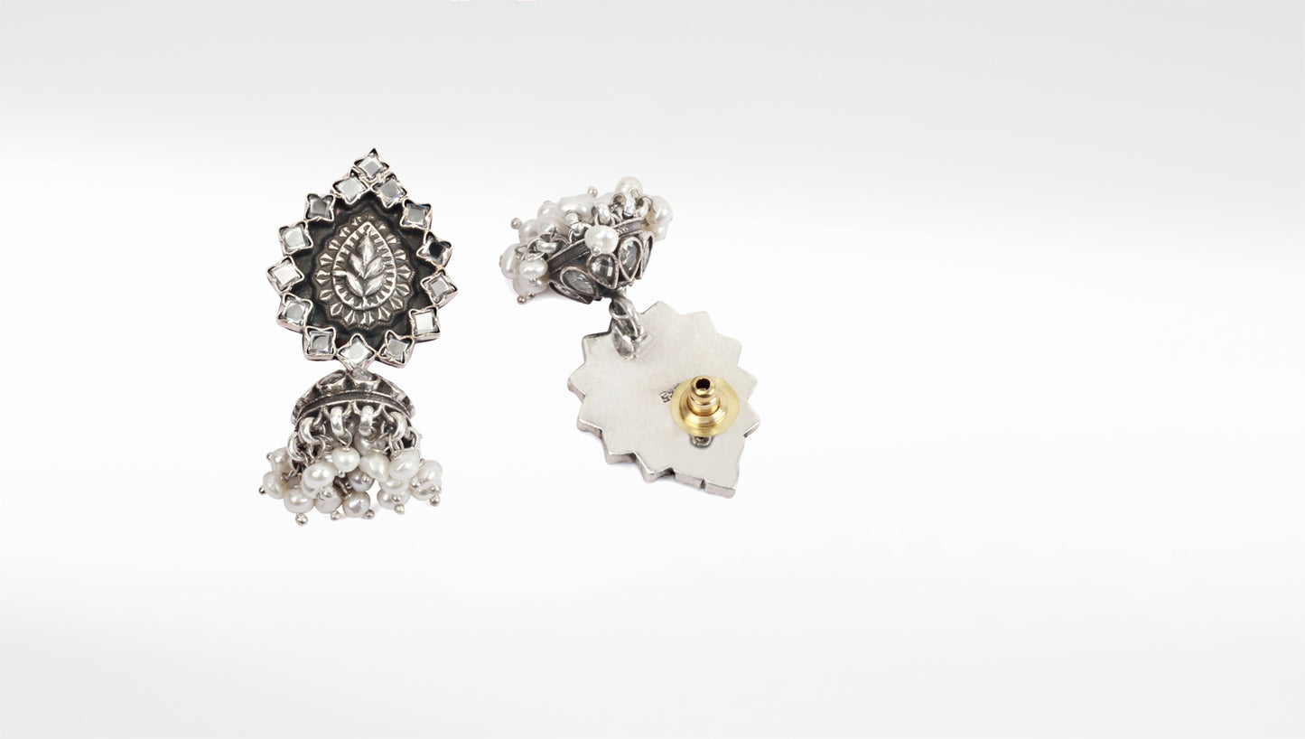 Sangeeta Boochra Black Tribal Silver Earrings With Pearls