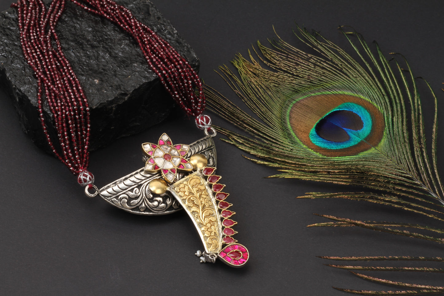 Silver Handcrafted Pink Dual Tone Silver Necklace