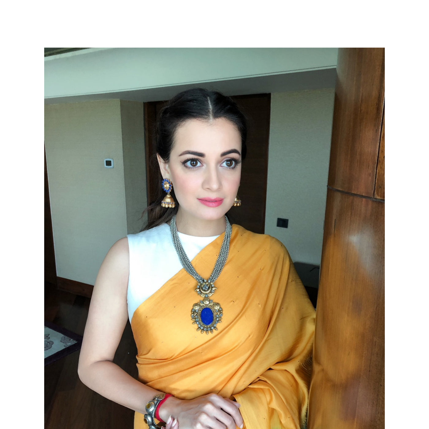 Dia Mirza in Earrings And Necklace With 24k Gold Plated And Cz, Blue Glass Stone