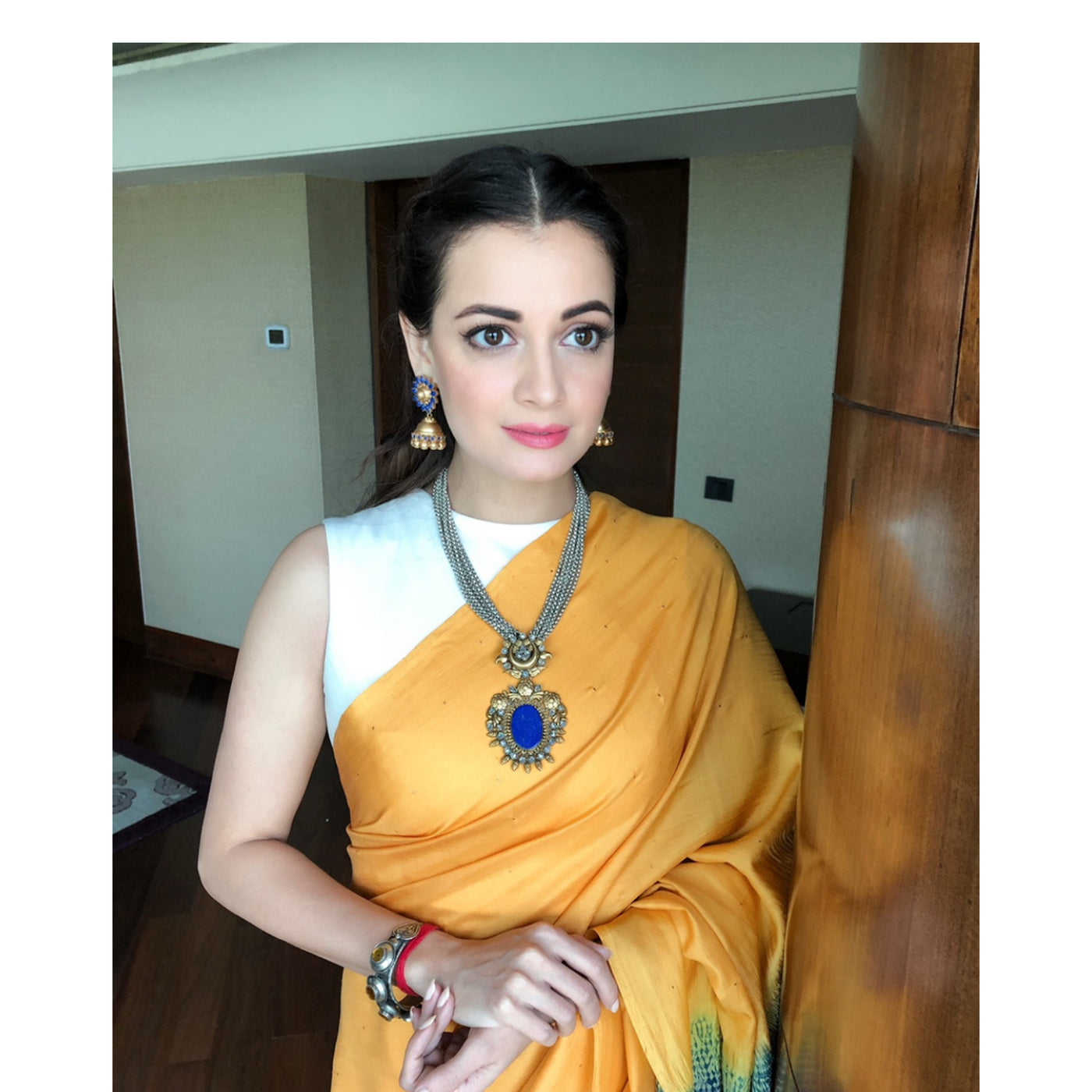 Dia Mirza in Earrings And Necklace With 24k Gold Plated And Cz, Blue Glass Stone