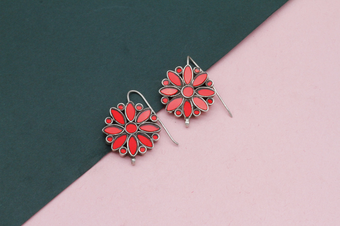 Floral Red Hydro Silver Earring
