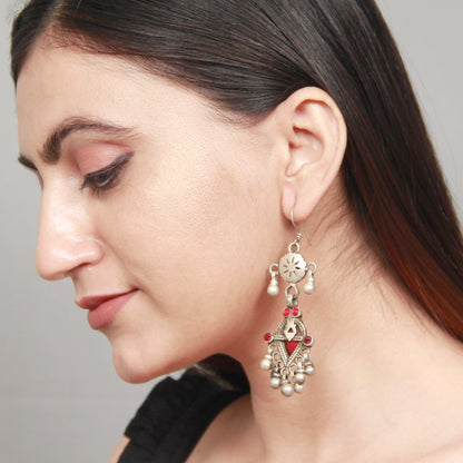 Silver Handcrafted Red Tribal Silver Earrings
