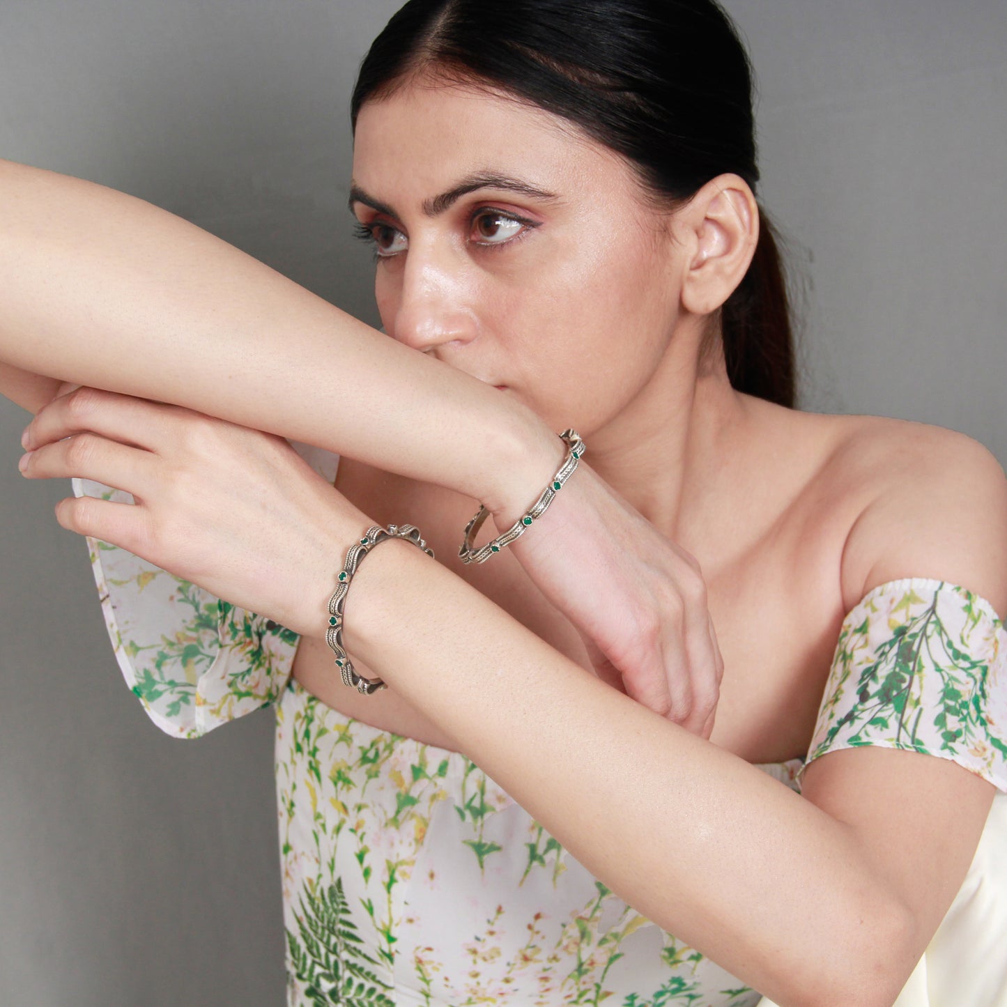 Sangeeta Boochra Tribal Silver Bracelet With Emerald