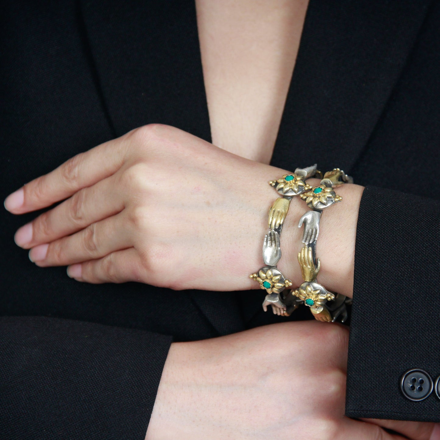 Sangeeta Boochra Dual Tone Silver Bracelet With Turquoise