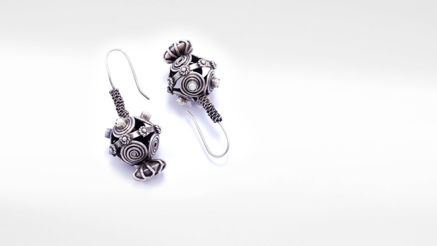 Unique Ball Shape Long Hoop Silver Earrings