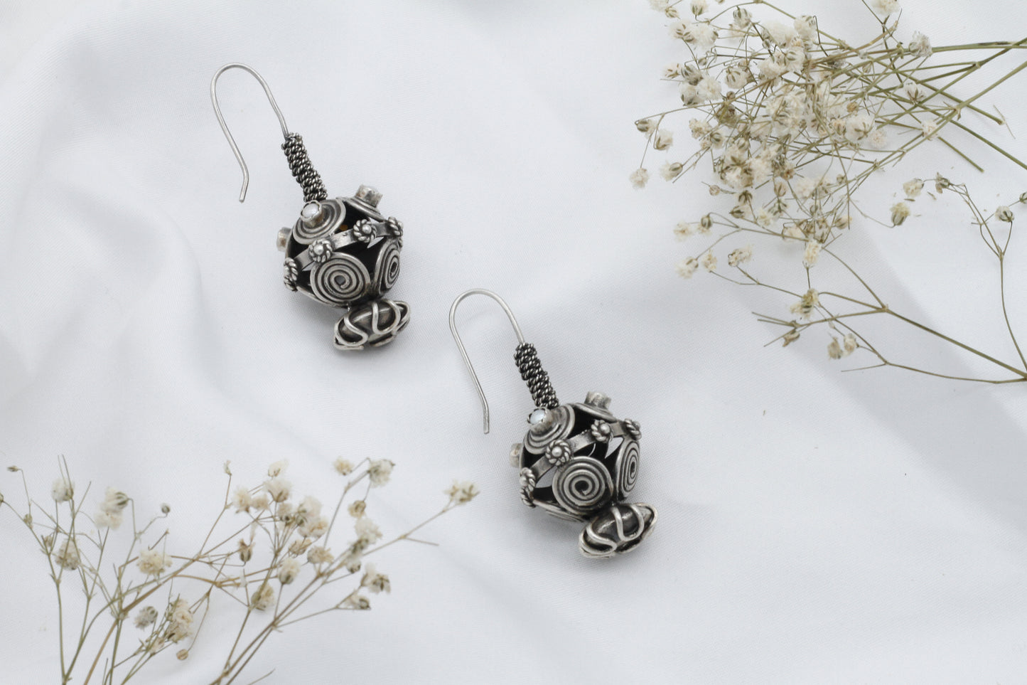 Unique Ball Shape Long Hoop Silver Earrings