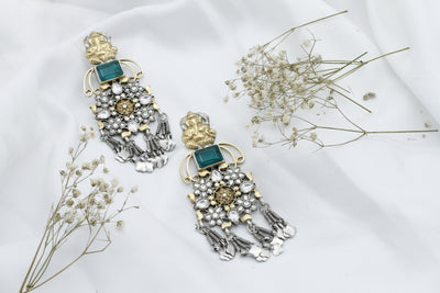 Lord Ganesha Emerald Embellished Floral Silver Earring
