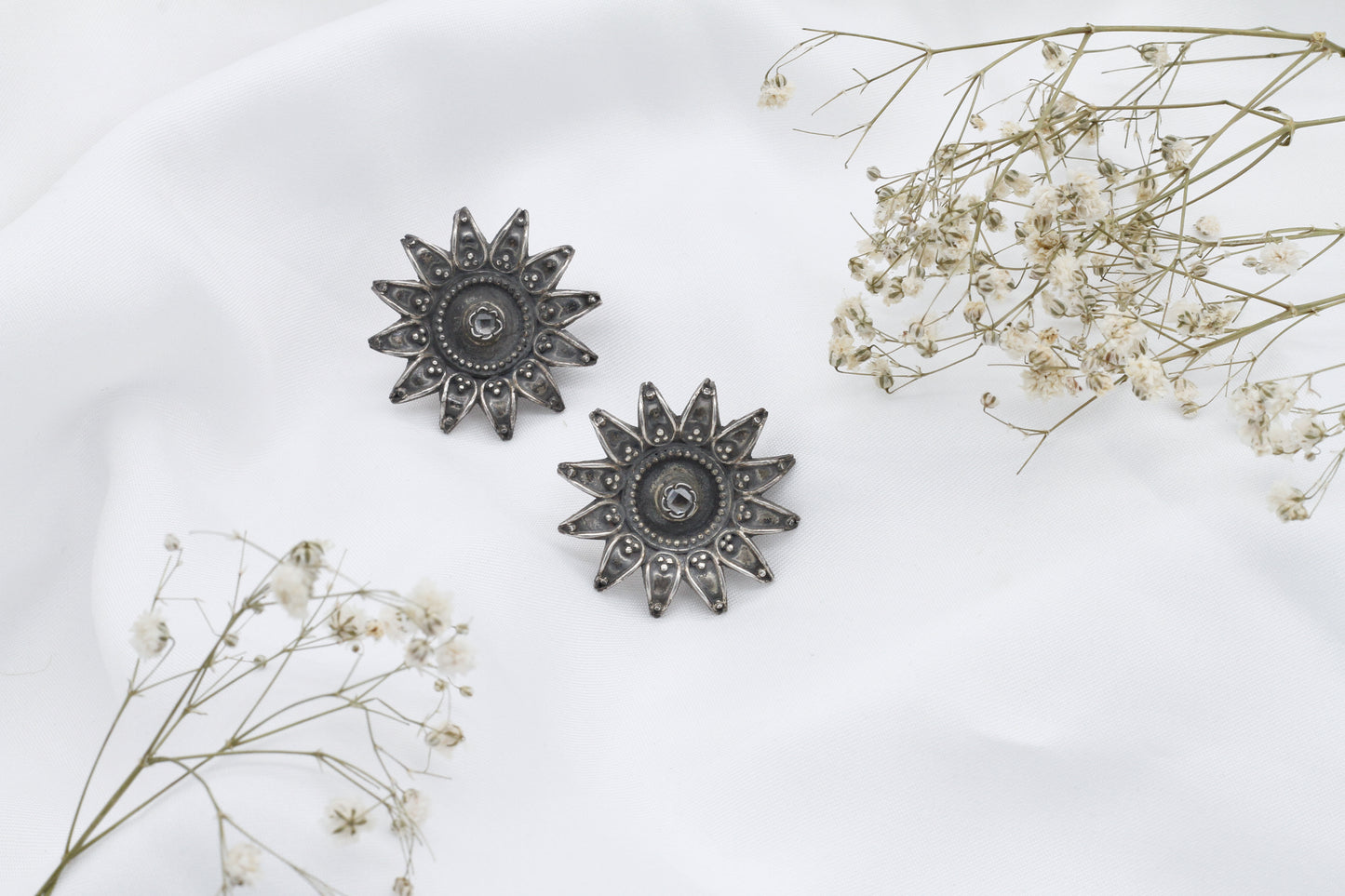 Sun Flower Design Silver Earrings