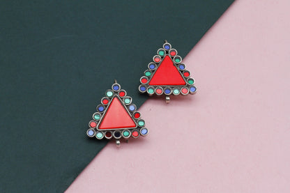 Triangle Shape Hand Painted Silver Dangle Earring