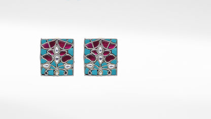 Flat Rectangular Hand Painted Silver Earring