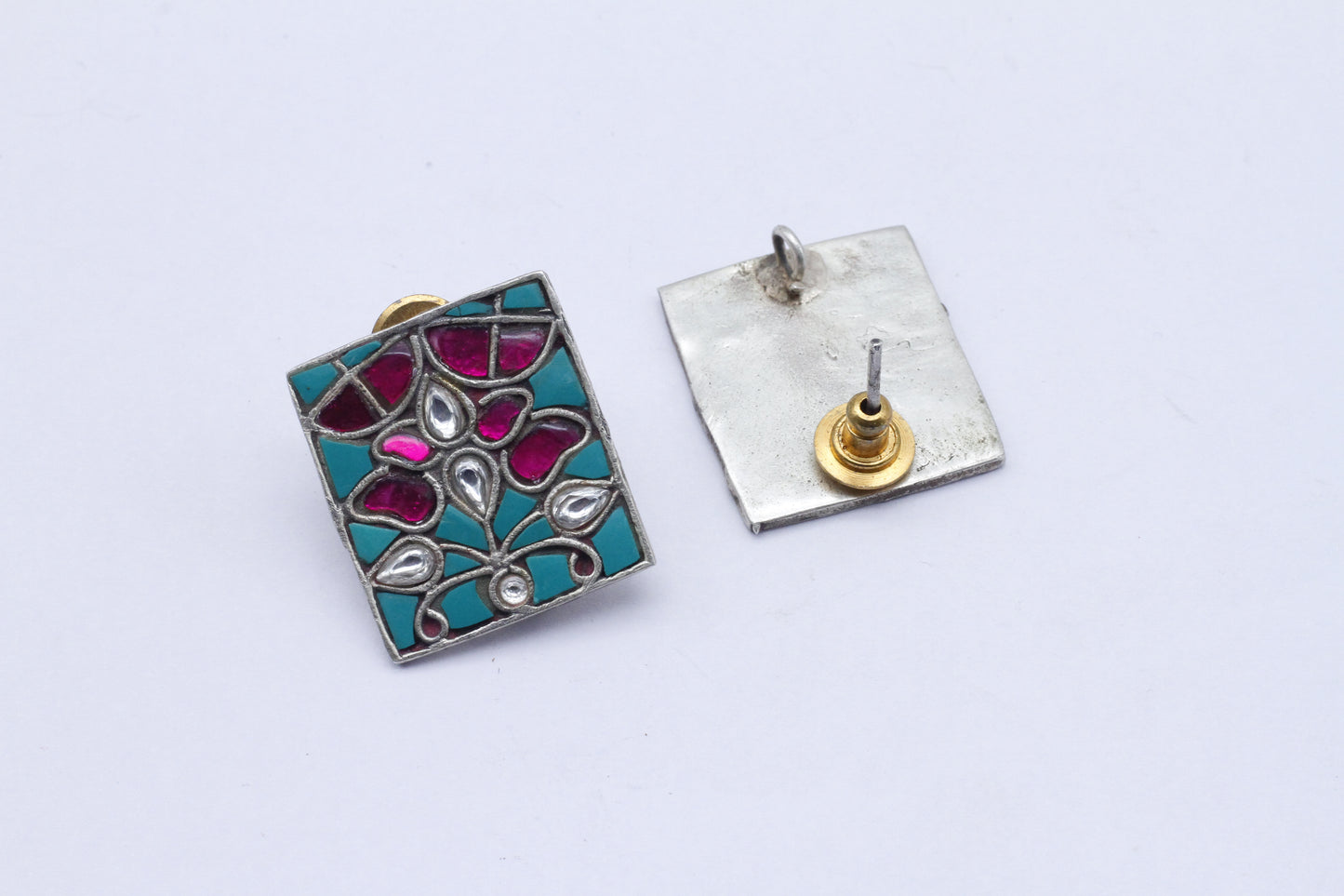 Flat Rectangular Hand Painted Silver Earring