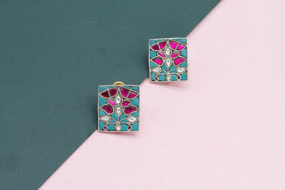 Flat Rectangular Hand Painted Silver Earring