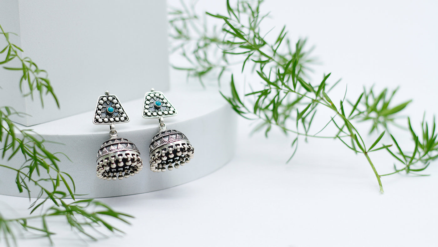 Indian Ethnic Silver Earring Studded  With Firoza Stone